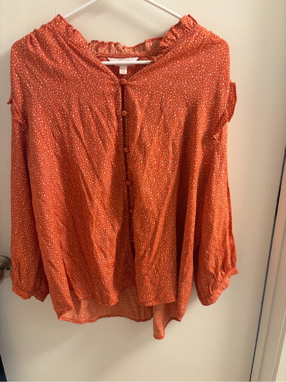 LC Lauren Conrad Rust Orange Dot Ruffle Trim Button Front Blouse XXL